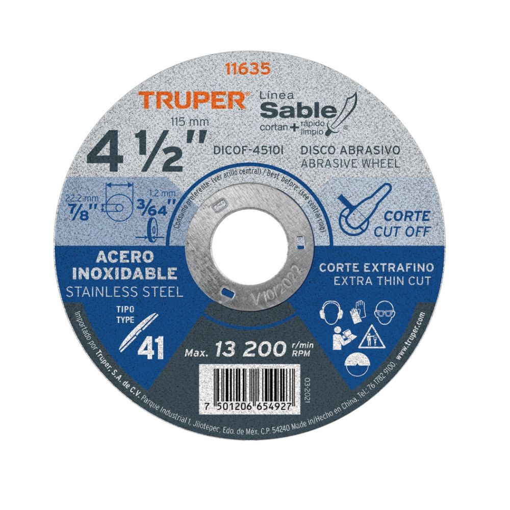 Disco 4-1/2″ corte de acero inoxidable Truper 11635