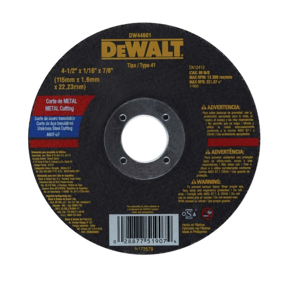 Disco Corte Metal 4-1/2″ × 1/16″, DeWalt DW44601